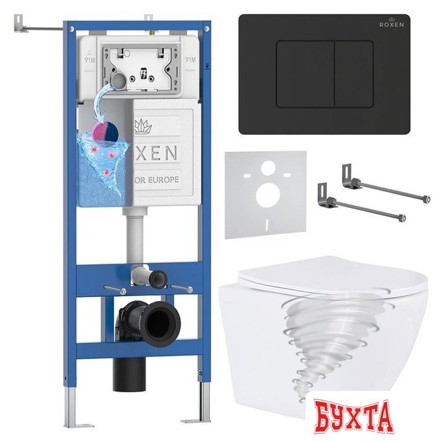 Унитаз подвесной Roxen Antares Tornado в комплекте с инсталляцией StounFix Dual Fresh 6 в 1 868612 (кнопка: оружейная сталь матовая)