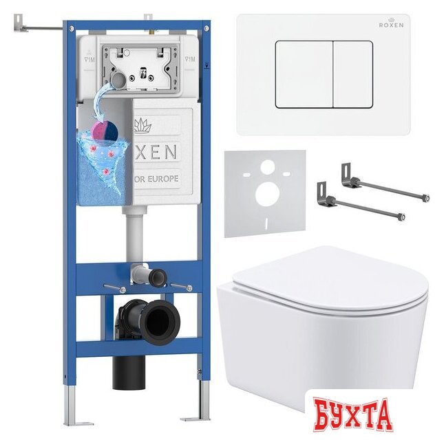 Унитаз подвесной Roxen Simple Compact в комплекте с инсталляцией StounFix Dual Fresh 6 в 1 868627 (кнопка: брашированное золото матовая)
