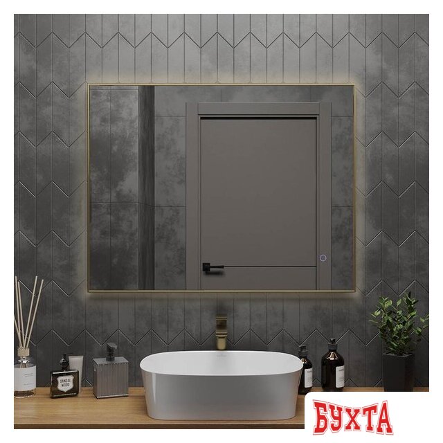 Мебель для ванных комнат Roxen Зеркало Frida c подсветкой 510215-90 (90x70) в тонком металлическом профиле в цвете брашированное золото 3