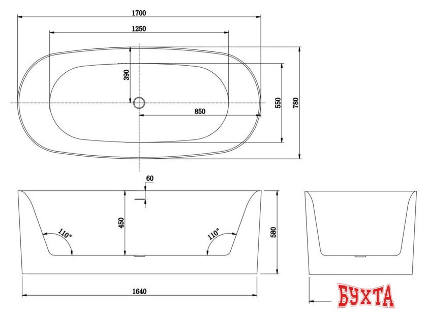 Ванна Roxen Kleo 220150-1778-GM 170x78 4