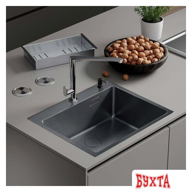 Кухонная мойка Roxen Simple 560220-55B PVD графит (с коландером и дозатором) 1