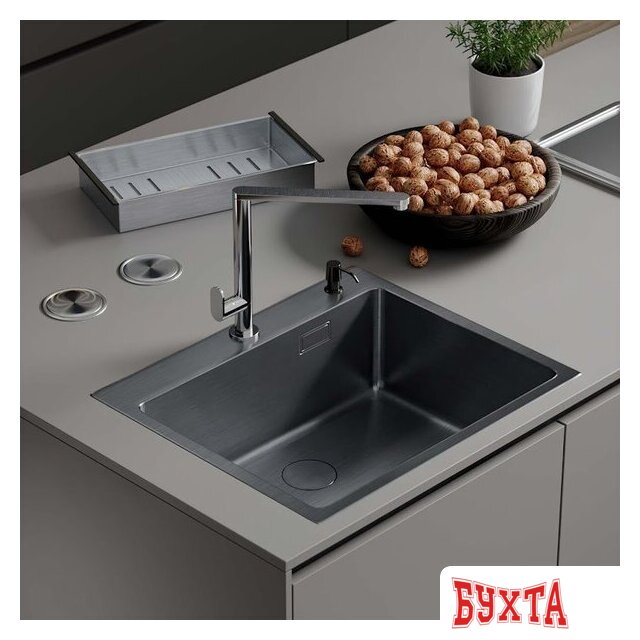 Кухонная мойка Roxen Simple 560220-50B PVD графит (с коландером и дозатором)