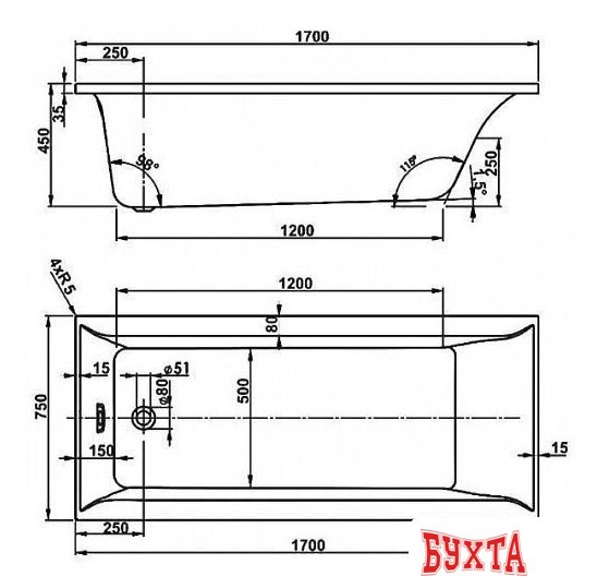 Ванна VagnerPlast Veronela 170x75 (с каркасом и 2 экранами) 2