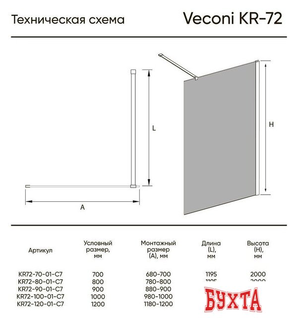 Душевая стенка Veconi KR-72 KR72-70-01-C7 2