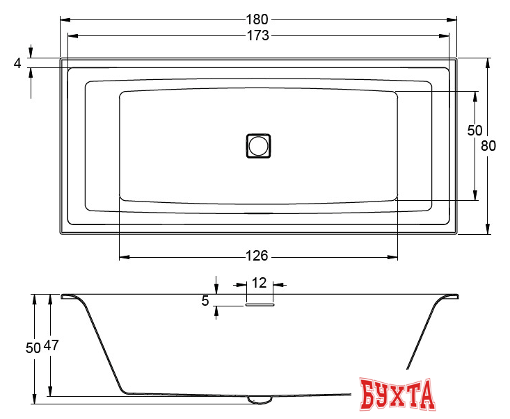 Ванна Riho Still Square 180x80 BR01005 (без ножек) 2