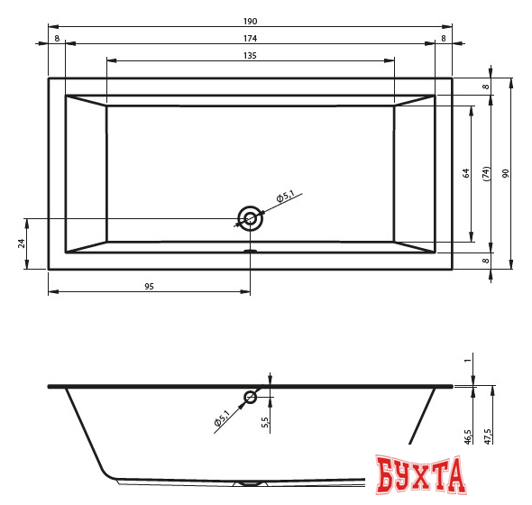 Ванна Riho Lugo Velvet 190x90 (без ножек) 2
