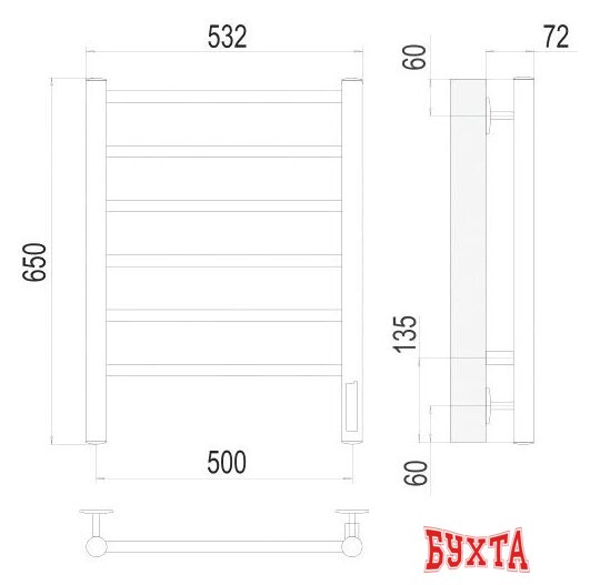 Полотенцесушитель TERMINUS Аврора П6 500x650 нп электро (хром) 3