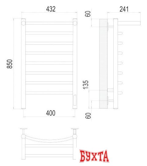 Полотенцесушитель TERMINUS Классик П8 400x850 с полкой бп электро (хром) 3