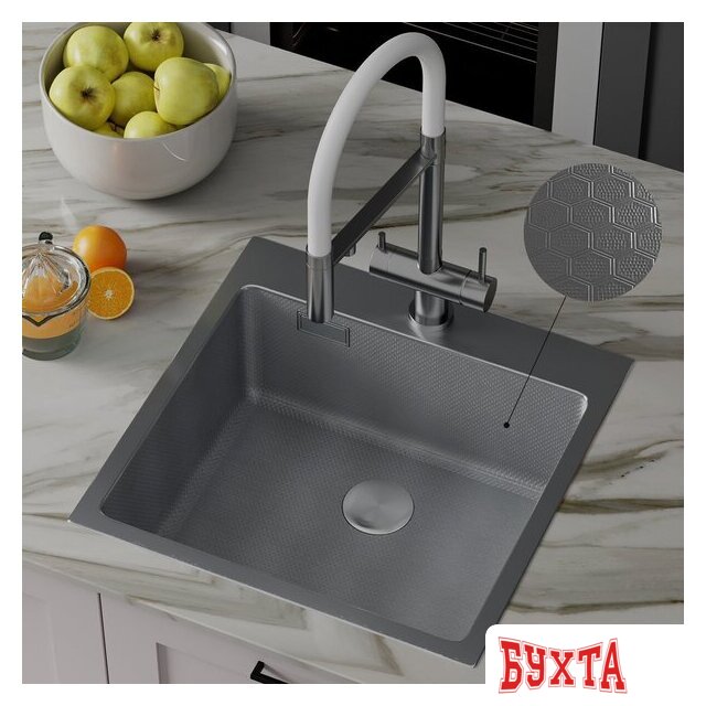 Кухонная мойка Roxen Snake 560220-50-S (50*48) сатин/текстурная поверхность (с коландером и дозатором) 5