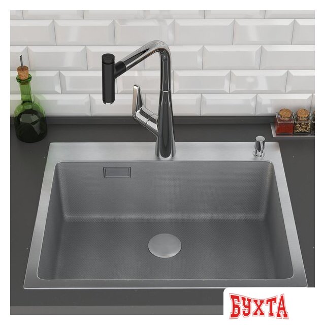 Кухонная мойка Roxen Snake 560220-60-S сатин/текстурная поверхность (с коландером и дозатором) 3