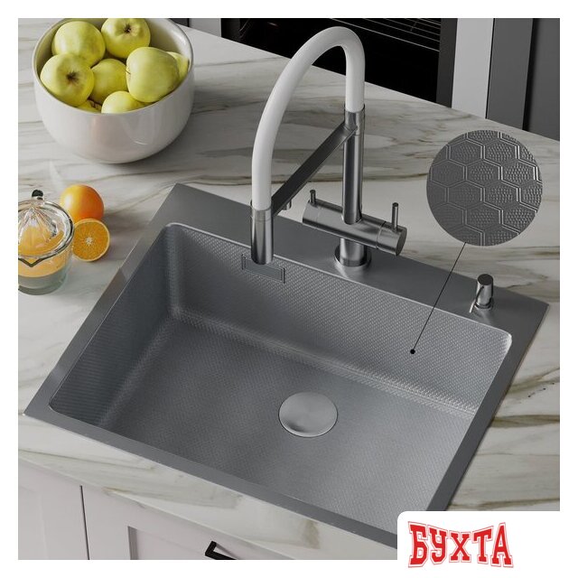 Кухонная мойка Roxen Snake 560220-60-S сатин/текстурная поверхность (с коландером и дозатором) 5