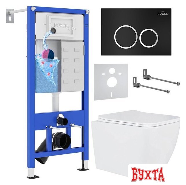 Унитаз подвесной Roxen Cube One Rimless 6 в 1 StounFix Dual Fresh 506802 (кнопка: черный матовый)