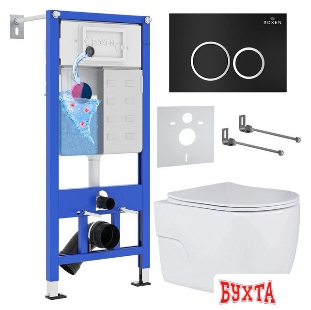 Унитаз подвесной Roxen Porto One Rimless 6 в 1 StounFix Dual Fresh 507197 (кнопка: черный матовый)