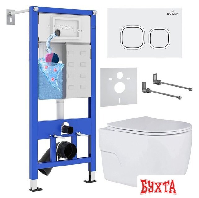 Унитаз подвесной Roxen Porto в комплекте с инсталляцией StounFix Dual Fresh 6 в 1 538465 (кнопка: белый глянец)