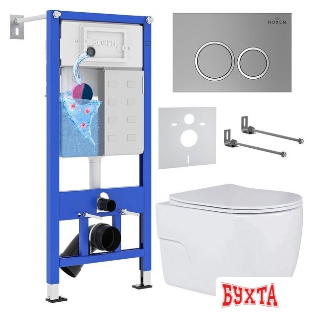 Унитаз подвесной Roxen Porto One Rimless 6 в 1 StounFix Dual Fresh 531880 (кнопка: матовая)