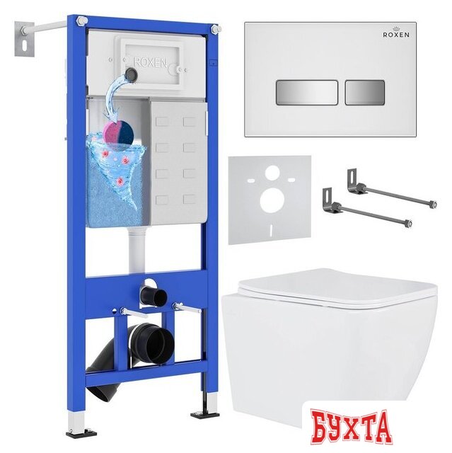 Унитаз подвесной Roxen Porto One Rimless 6 в 1 StounFix Dual Fresh 639404 (белое стекло)