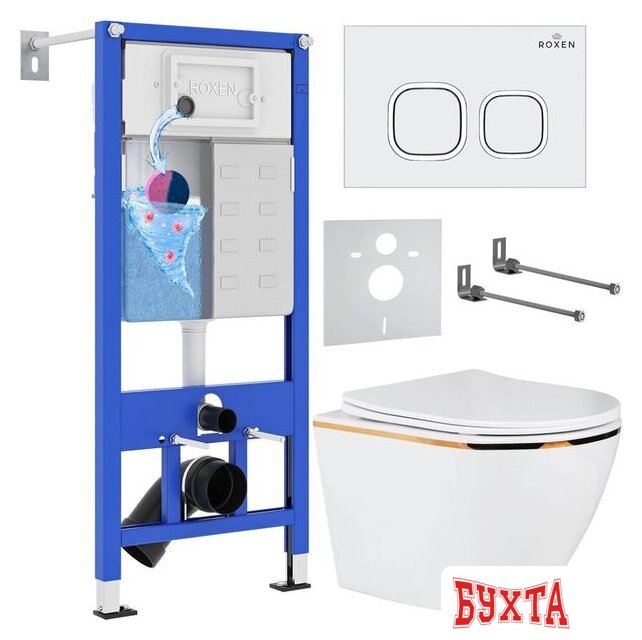 Унитаз подвесной Roxen Antares Gold в комплекте с инсталляцией StounFix Dual Fresh 6 в 1 807054 (кнопка: белый глянец)