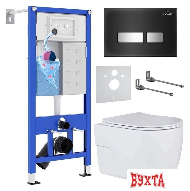 Унитаз подвесной Roxen Porto One Rimless 6 в 1 StounFix Dual Fresh 646666 (чёрное стекло)