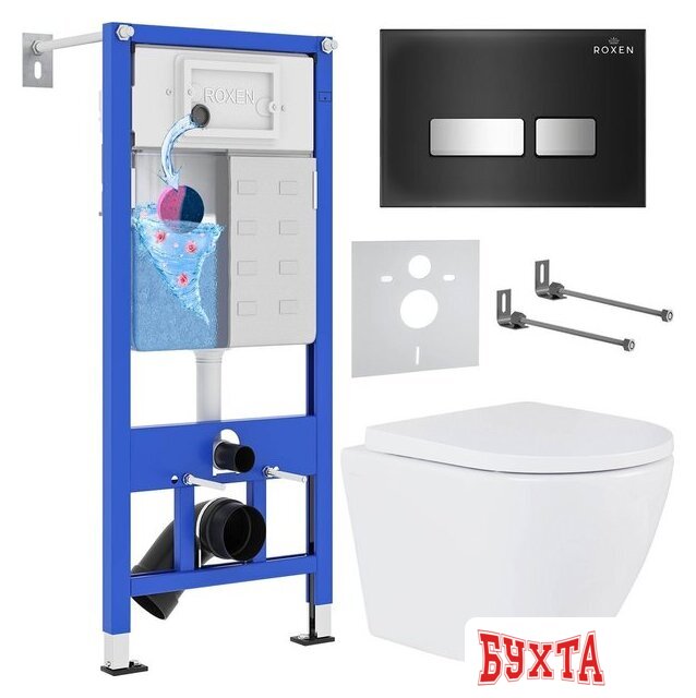 Унитаз подвесной Roxen Antares One Rimless 6 в 1 StounFix Dual Fresh 643669 (чёрное стекло)