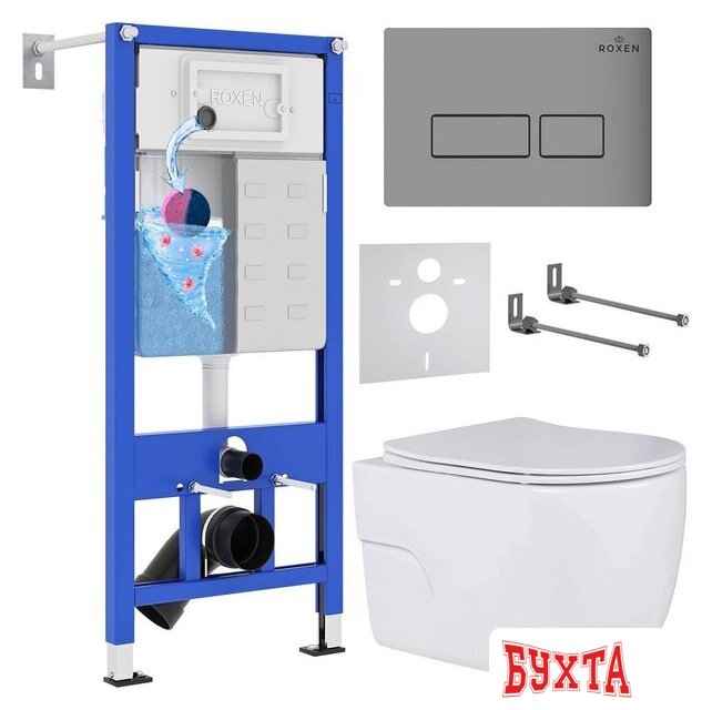 Унитаз подвесной Roxen Porto One Rimless 6 в 1 StounFix Dual Fresh 607036 (кнопка: матовая)