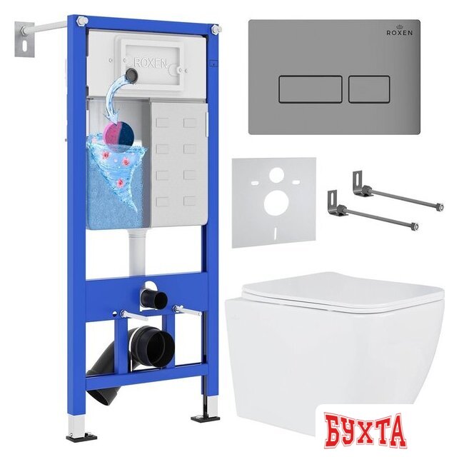 Унитаз подвесной Roxen Cube One Rimless 6 в 1 StounFix Dual Fresh 606295 (кнопка: матовая)