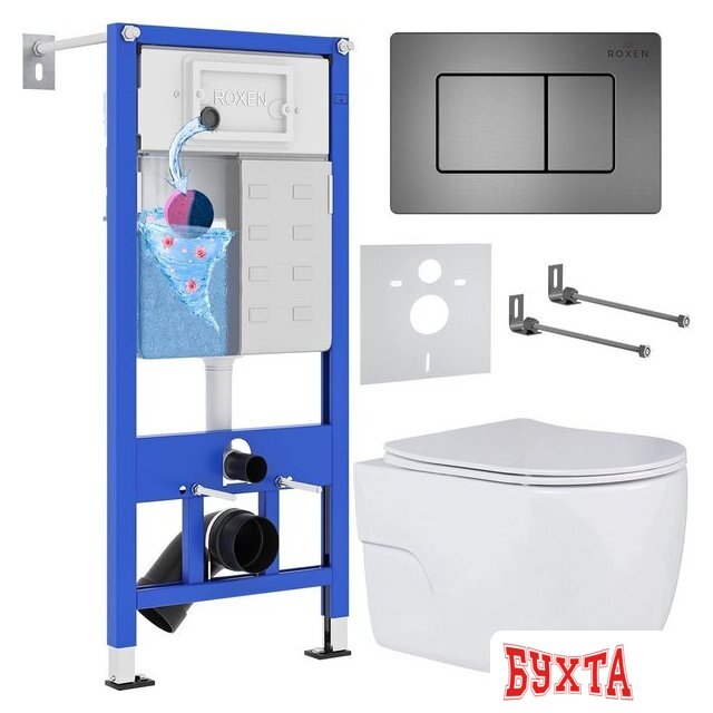 Унитаз подвесной Roxen Porto One Rimless 6 в 1 StounFix Dual Fresh 618703 (оружейная сталь/металл) 1