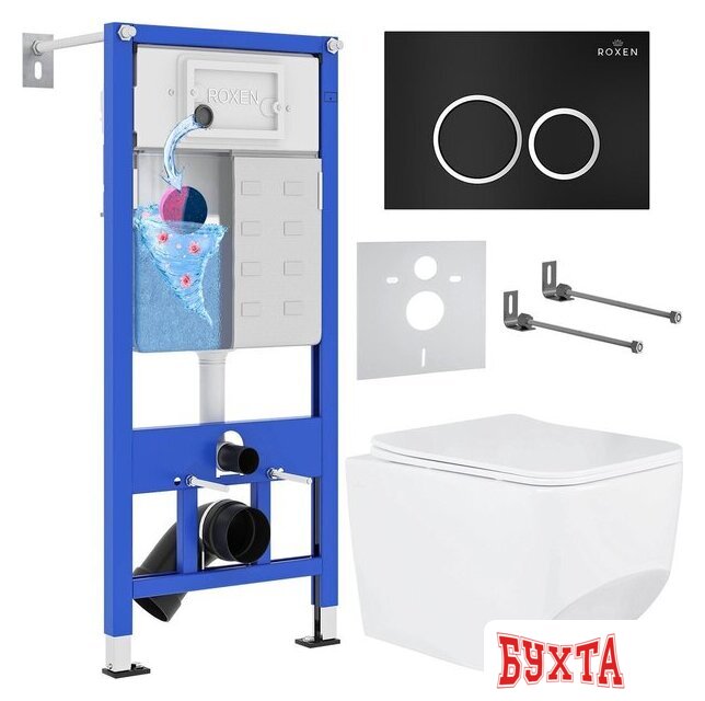 Унитаз подвесной Roxen Boro One Rimless 6 в 1 StounFix Dual Fresh 507542 (кнопка: черный матовый)