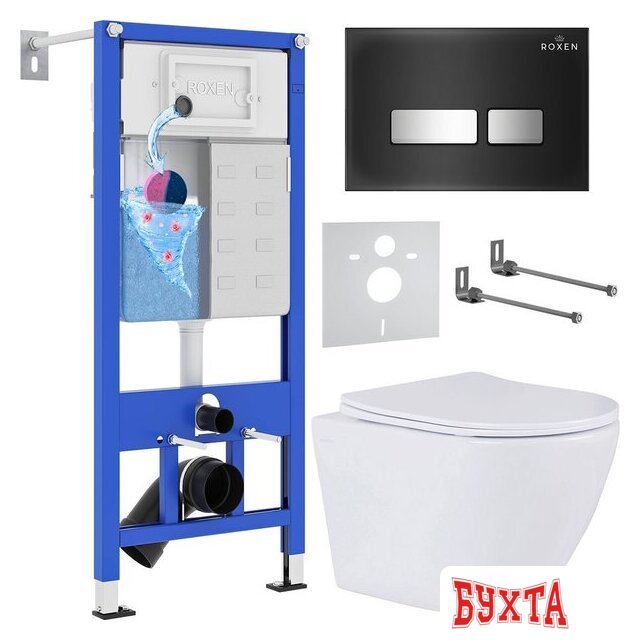 Унитаз подвесной Roxen Antares One Rimless 6 в 1 StounFix Dual Fresh 642915 (чёрное стекло)