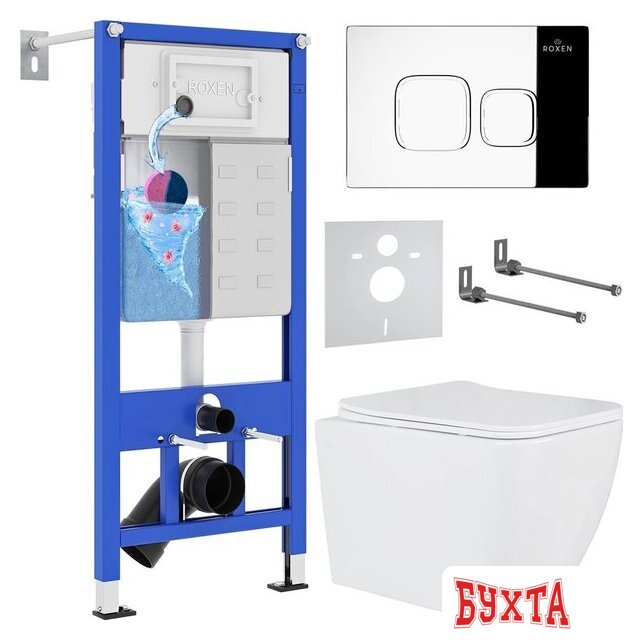 Унитаз подвесной Roxen Cube One Rimless 6 в 1 StounFix Dual Fresh 550013 (кнопка: хром)