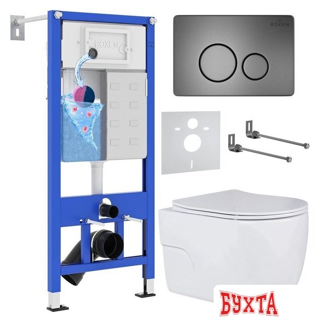 Унитаз подвесной Roxen Porto One Rimless 6 в 1 StounFix Dual Fresh 627320 (оружейная сталь/металл) 1