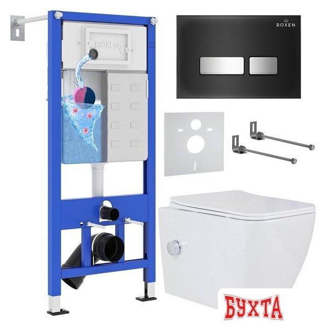 Унитаз подвесной Roxen Cube Bidet One Rimless 6 в 1 StounFix Dual Fresh 649838 (чёрное стекло)