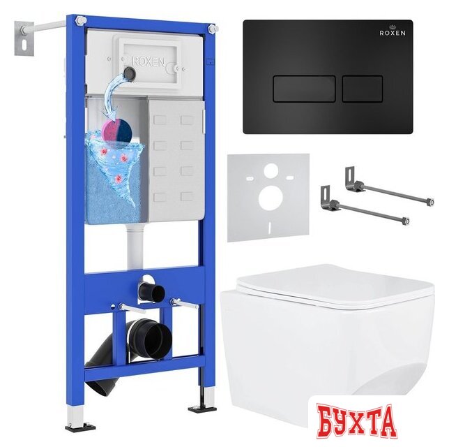 Унитаз подвесной Roxen Boro One Rimless 6 в 1 StounFix Dual Fresh 582388 (кнопка: черный матовый)