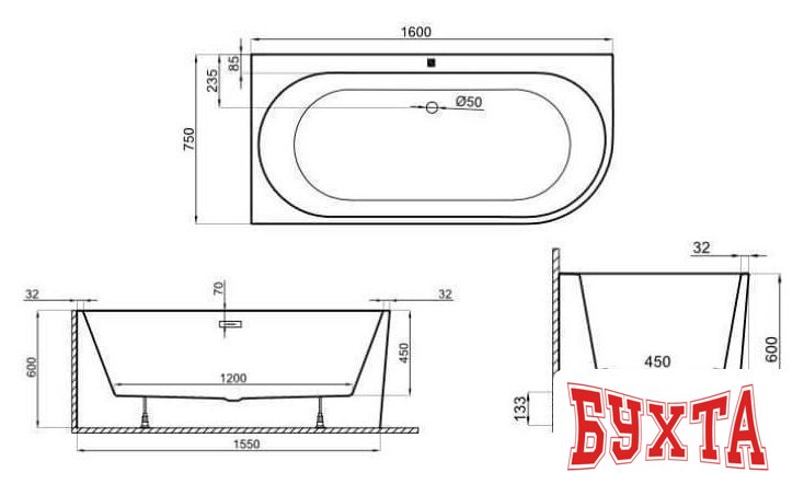Ванна Polimat Sola 160x75 L (пристенная, белый) 3