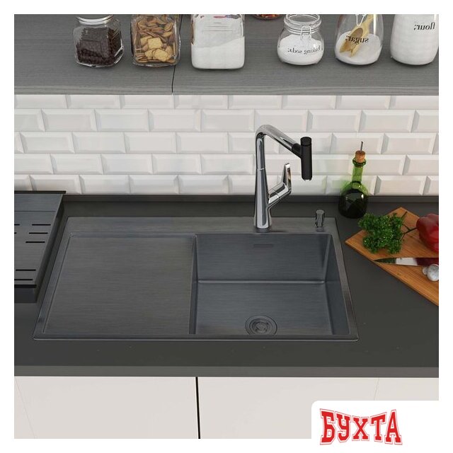 Кухонная мойка Roxen Vespa 560230-70RB PVD графит (с коландером и дозатором) 3