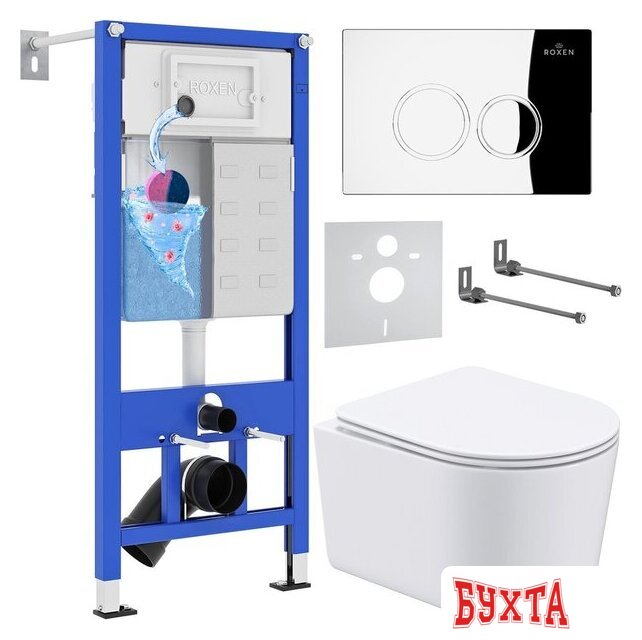 Унитаз подвесной Roxen Simple Compact в комплекте с инсталляцией StounFix Dual Fresh 6 в 1 913681 (кнопка: хром глянец) 1