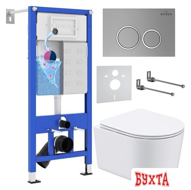 Унитаз подвесной Roxen Simple Compact в комплекте с инсталляцией StounFix Dual Fresh 6 в 1 915792 (кнопка: хром матовый)