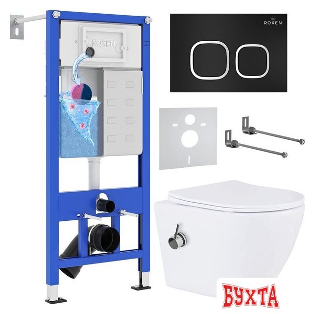Унитаз подвесной Roxen Antares Bidet в комплекте с инсталляцией StounFix Dual Fresh 6 в 1 938621 (кнопка: черный матовый)
