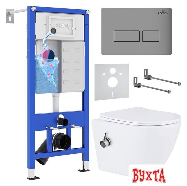 Унитаз подвесной Roxen Antares Bidet в комплекте с инсталляцией StounFix Dual Fresh 6 в 1 959767 (кнопка: хром матовый) 1