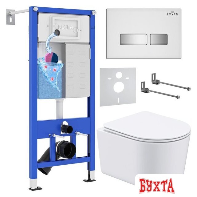 Унитаз подвесной Roxen Simple Compact в комплекте с инсталляцией StounFix Dual Fresh 6 в 1 964407 (кнопка: белое стекло) 1