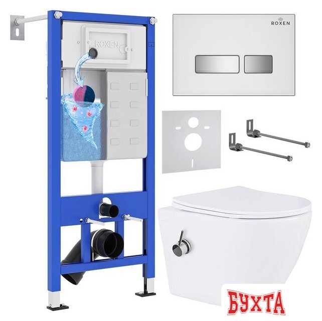 Унитаз подвесной Roxen Antares Bidet в комплекте с инсталляцией StounFix Dual Fresh 6 в 1 962866 (кнопка: белое стекло)