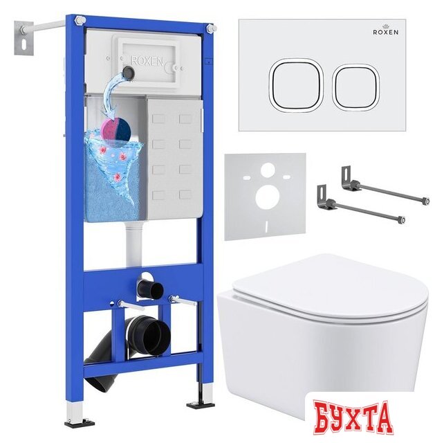 Унитаз подвесной Roxen Simple Compact в комплекте с инсталляцией StounFix Dual Fresh 6 в 1 916803 (кнопка: белый глянец) 1