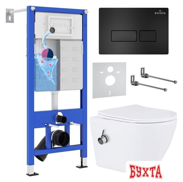 Унитаз подвесной Roxen Antares Bidet в комплекте с инсталляцией StounFix Dual Fresh 6 в 1 958156 (кнопка: черный матовый)