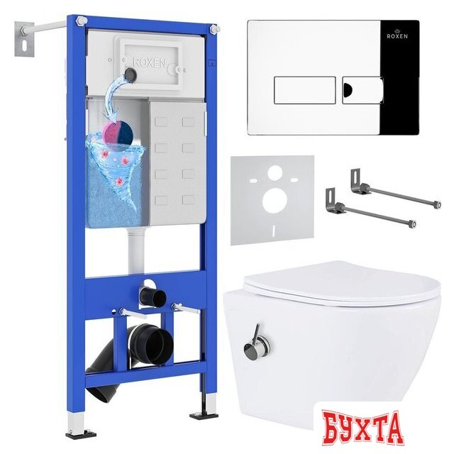 Унитаз подвесной Roxen Antares Bidet в комплекте с инсталляцией StounFix Dual Fresh 6 в 1 958812 (кнопка: хром глянец)