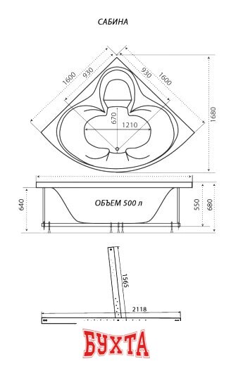 Ванна Triton Сабина 160x160 Экстра Стандарт Flat (с гидромассажем) 2