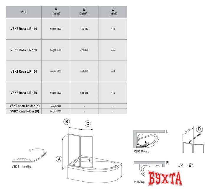 Стеклянная шторка для ванны Ravak Rosa VSK2 170 (белый/прозрачное) левая 2