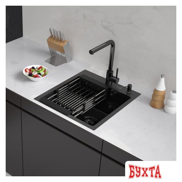 Кухонная мойка ARFEKA Eco AR мойка 450*500, коландер, дозатор BLACK DECOR MILLET GRAINS