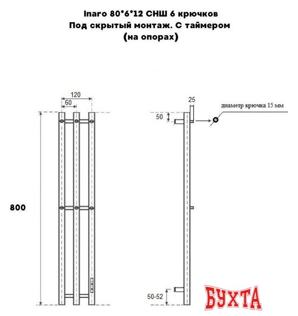 Полотенцесушитель Маргроид Ferrum Inaro СНШ 80x6x12 6 крючков, Черный матовый, скрытого монтажа, таймер справа 3