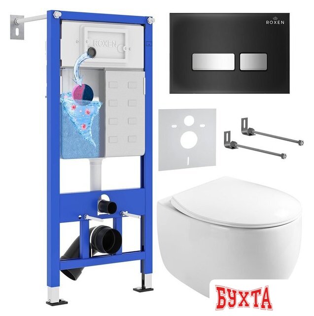 Унитаз подвесной Roxen Egg в комплекте с инсталляцией StounFix Dual Fresh 6 в 1 964256 (кнопка: черное стекло) 1