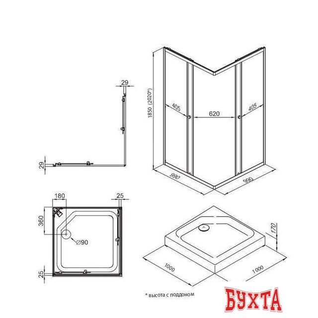 Душевой уголок Triton Вента Хром А1 100х100 без поддона (прозрачное стекло) 2