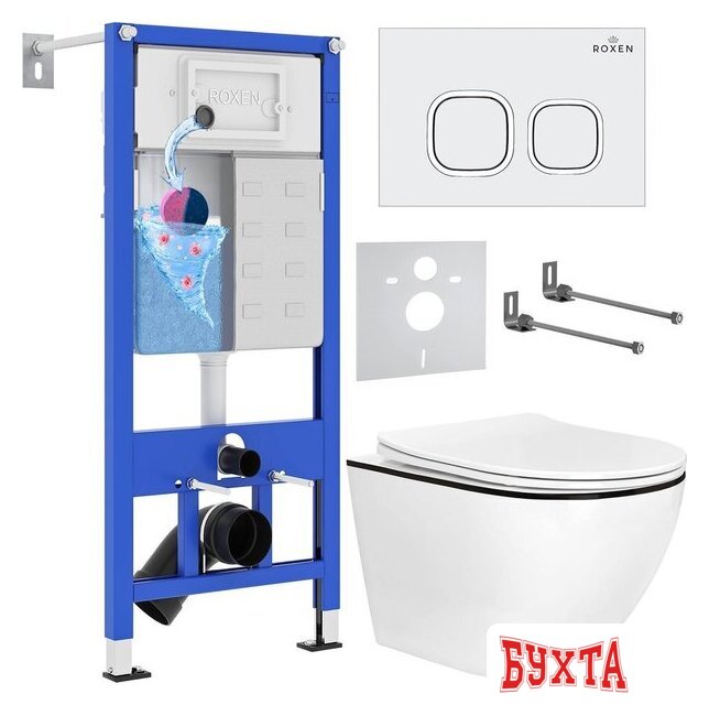 Унитаз подвесной Roxen Antares Black в комплекте с инсталляцией StounFix Dual Fresh 6 в 1 964671 (кнопка: белый глянец)